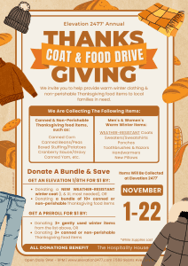 Elevation 2477 Nevada City dispensary annual Thanksgiving food and coat drive collection needs