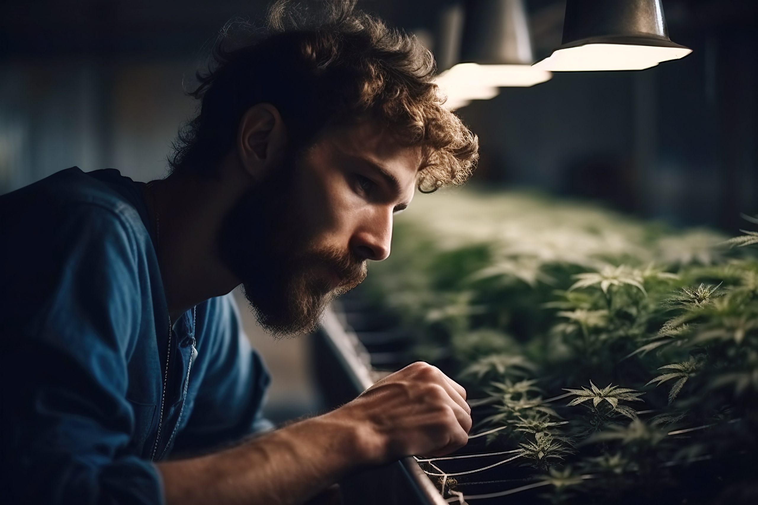 male worker in a greenhouse for the cultivation and production of legal medical marijuana cannabis