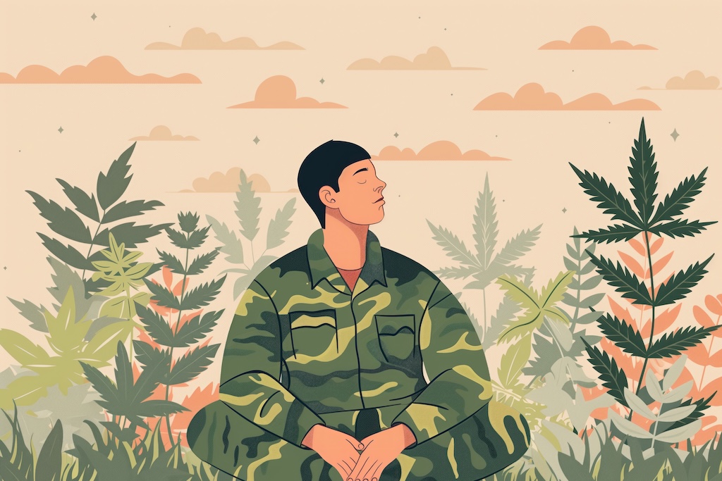 Military man calmed down by cannabis, treats post-traumatic disorder PTSD using medical marijuana. The concept of medical cannabis for treatment PTSD in military